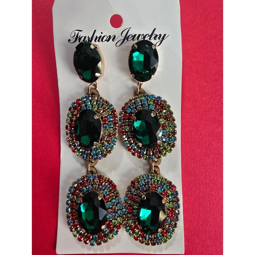 Fashion Jewelry Emerald Green Crystal Drop Earrings Multi Rhinestone Tiered